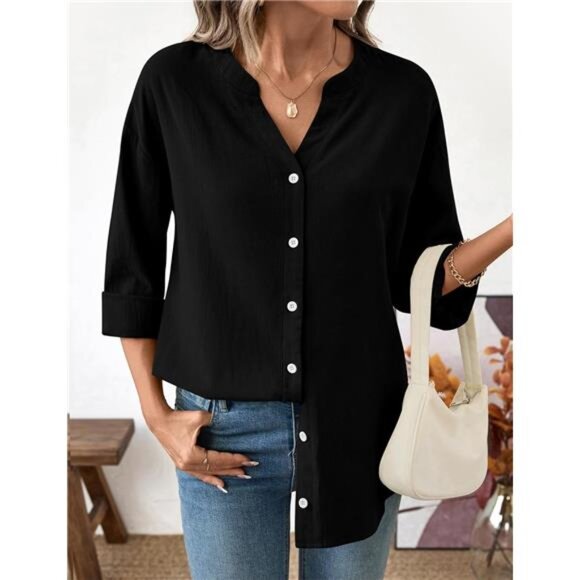 🌸 Women’s Cotton Button Down Shirt – Long Sleeve V-Neck Blouse - Picture 3 of 6